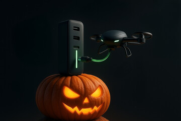 A glowing jack-o’-lantern serves as a base for a sleek USB charging hub that powers a hovering mini-drone - Generative AI