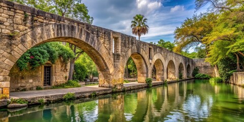 Fototapeta premium Ancient Stone Arches spanning San Antonio River , old, archeology, old,archeology,texas architecture,riverfront, historic,stone bridge