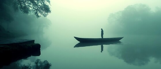 Solitary figure in foggy lake, misty banks