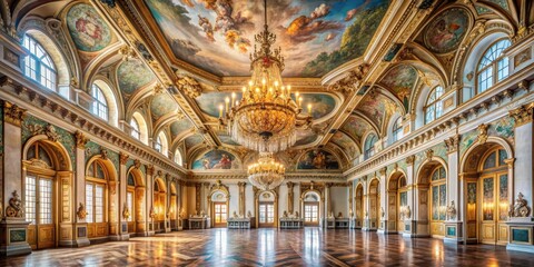 Obraz premium Grand hall with high ceiling adorned with frescoes and ornate chandeliers in a luxurious palace setting