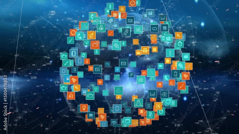 Poster on load, icon sphere rotating clockwise, icons pulsating, globe mesh emerging showing data network