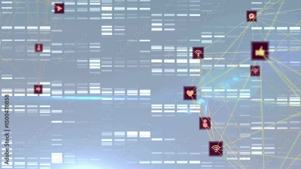 Poster grid showing icons fading then linking web with heart centering, envelope emerging pulsing network
