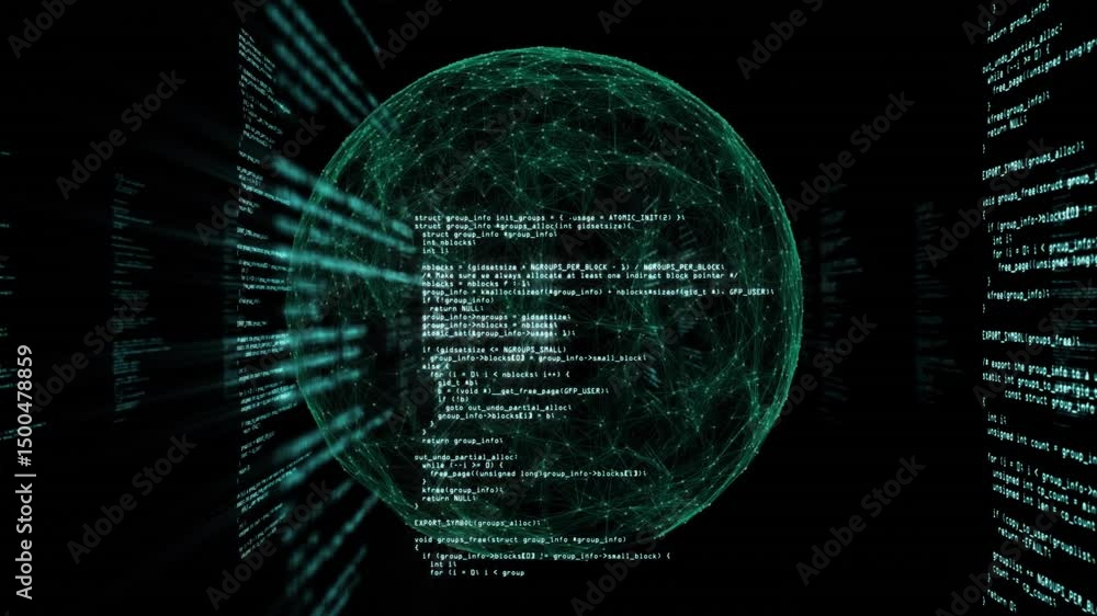 Poster materializing sphere initiating code scrolling on sphere and panels, rotating and showing data flow