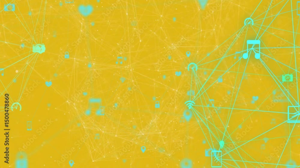 Poster turquoise icons drifting in, scattering and linking into network cluster to visualize data growth