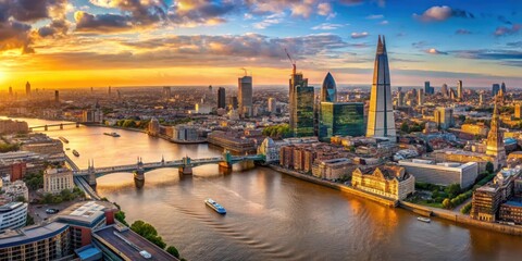 Fototapeta premium Panoramic view of London's skyline at sunset with the River Thames flowing through it , sunset, aerial view
