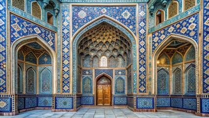Obraz premium Ancient Islamic architecture with intricate stone carvings and ornate tile work at Sheikh Safi Khanegah Shrine Ensemble