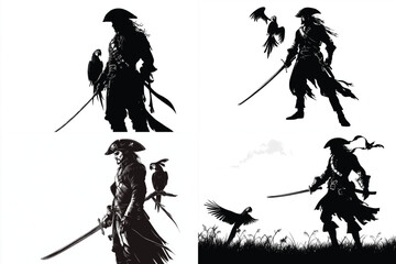 Obraz premium Statue of a knight with a sword in his hand and a sword in the back silhouettes