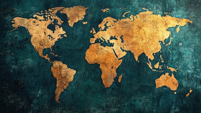 Fototapeta A world map with gold continents on a dark teal background