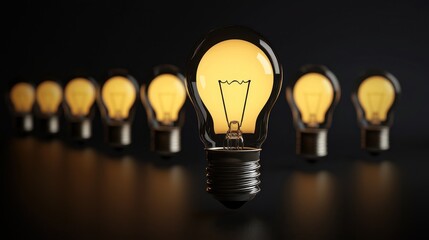 A row of light bulbs in a dark room with a single bulb glowing brightly.