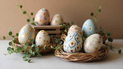 Obraz premium Charming Hand-Painted Easter Eggs with Floral Designs in Rustic Nests