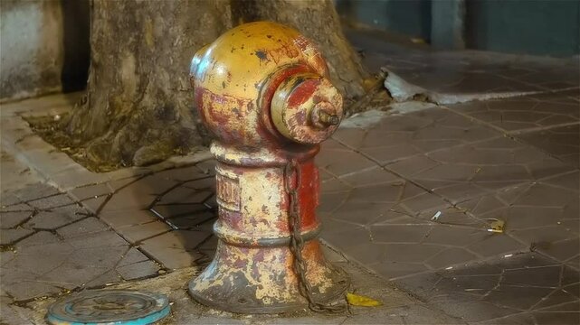 A vintage fire hydrant with peeling red and yellow paint stands by the road in Bangkok at night