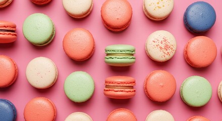 Colorful Macarons Arrangement On Pink Background Dessert Food Photo