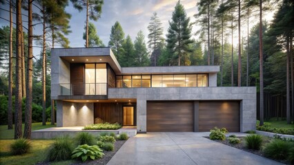 Obraz premium Modern home nestled among towering trees with a minimalist concrete exterior and natural stone accents in harmony with its surroundings , minimalist concrete house, nature