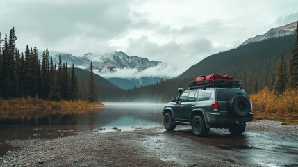 Premium SUV rental with rugged tires and roof racks, perfect for outdoor adventures, displayed in a bold setting