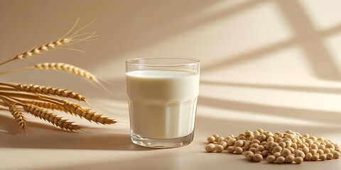 Glass of fresh soy milk surrounded by dry soybeans and wheat stalks on a warm neutral-toned surface with soft sunlight, perfect for healthy living, vegan diets, and food packaging

