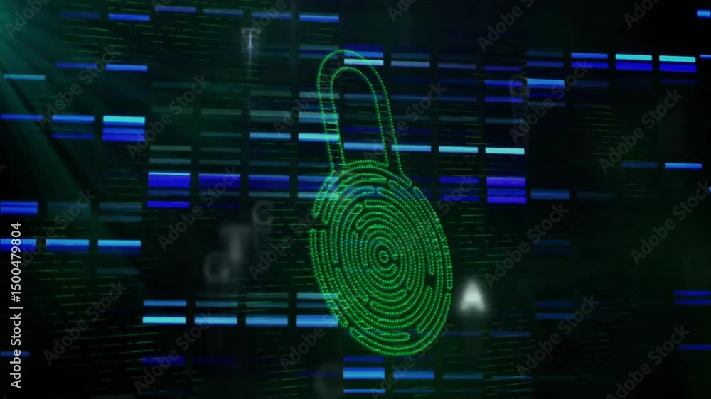 Poster green padlock emerging from dark grid, forming maze while code bars scrolling to show encryption