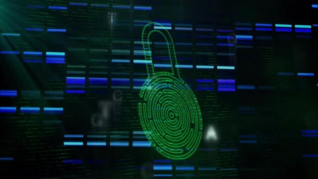 Green padlock emerging from dark grid, forming maze while code bars scrolling to show encryption