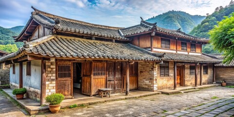 Naklejka premium Traditional Chinese South Village House with tiled roof and wooden beams, tiled roof, old buildings