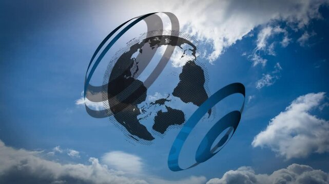 Emerging earth outline forming continents and orbiting rings rotating globe visualizing network