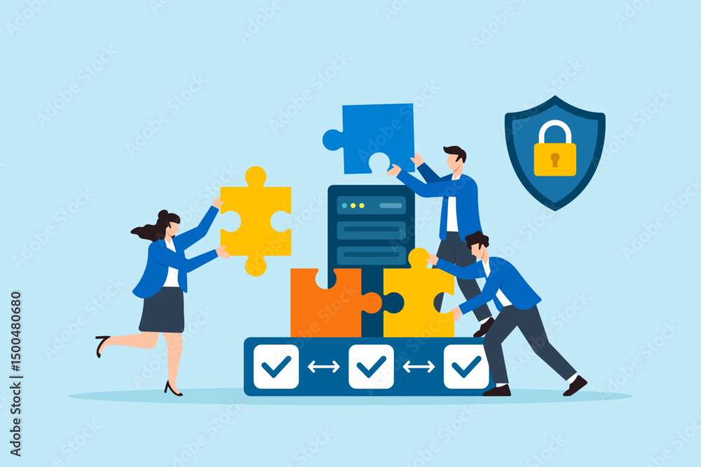 Poster flat illustration of three people locking puzzle pieces around server to form secure network against