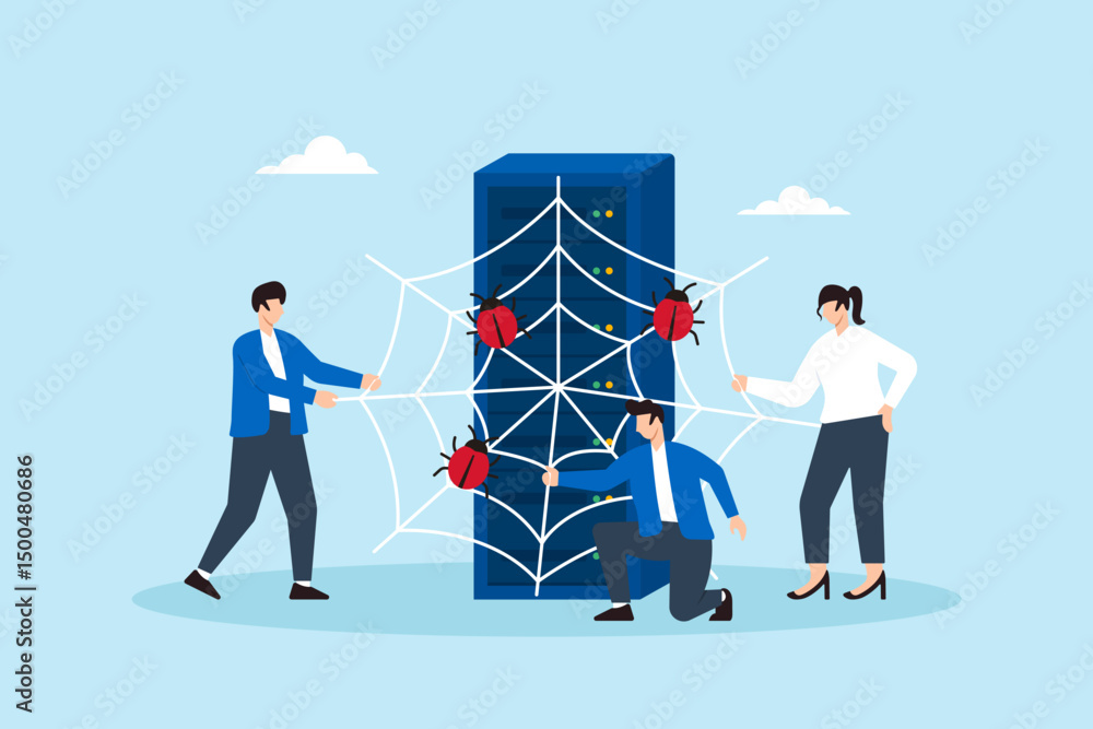 Aufkleber flat illustration of people creating digital spiderweb around server to trap malware and defend agai