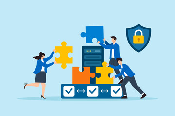 Flat illustration of three people locking puzzle pieces around server to form secure network against cyber attacks