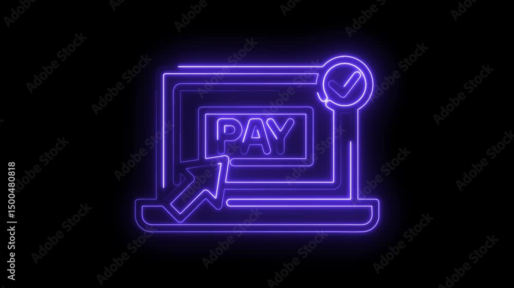 Poster neon laptop computer with pay text and check mark glowing on dark background