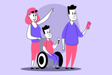 Family sharing joyful moment at amusement park. Woman pointing excitedly, while boy in wheelchair holding treat. Man standing nearby, smiling and holding tickets