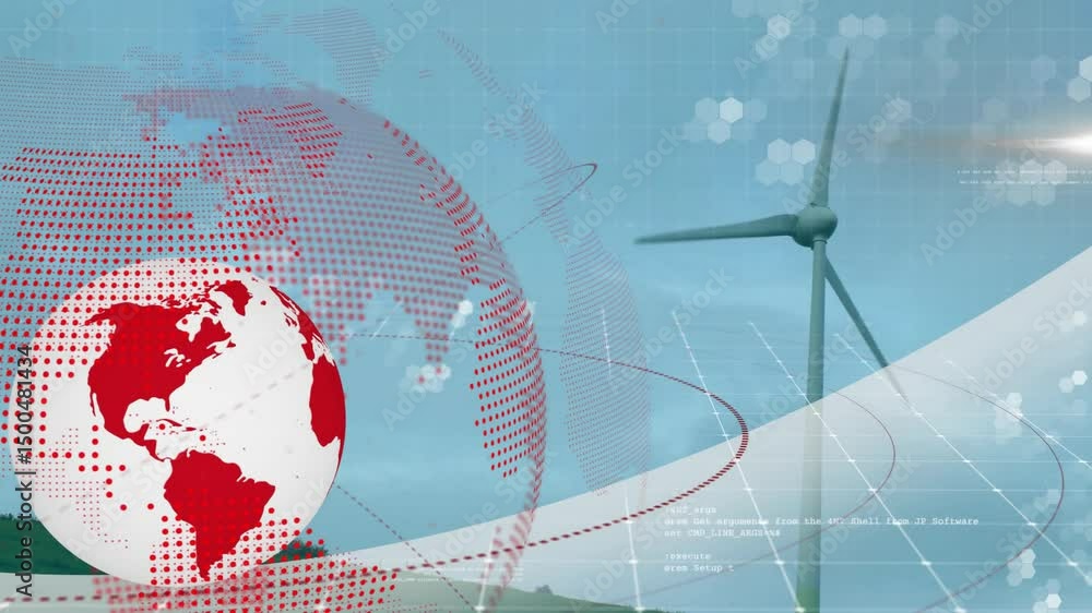 Poster red-and-white globe appearing triggers orbiting rings as turbine rotating with pulsing energy data