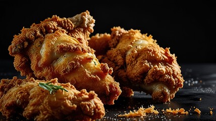 Crispy coated batter southern style fried chicken in a black background