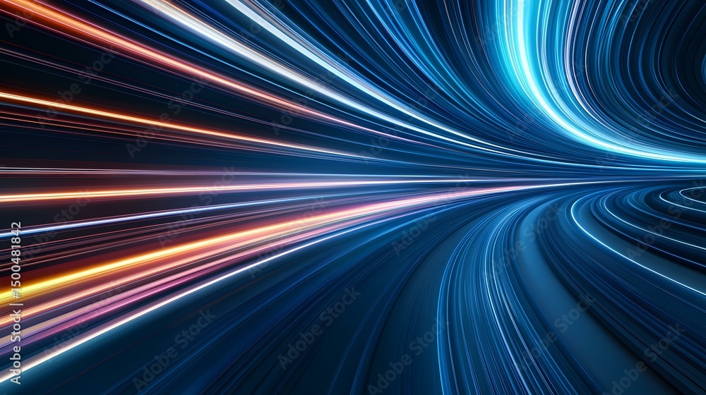 Poster the image contains an abstract representation of light trails, appearing as streaks of blue, orange,