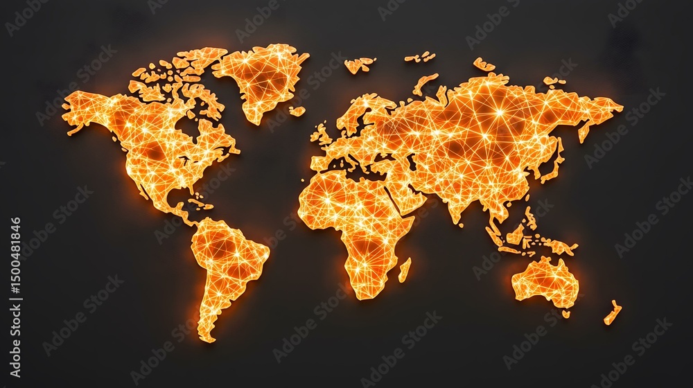 Poster the image contains a glowing orange world map, rendered in a network of interconnected points and li