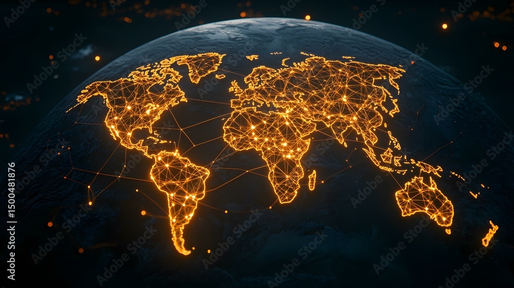 Poster the image shows a dark, stylized depiction of planet earth with a glowing orange network of lines co