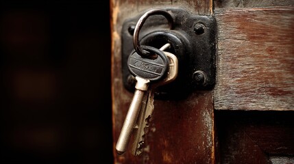 Antique keyring on a wooden door, symbolizing mystery and forgotten stories