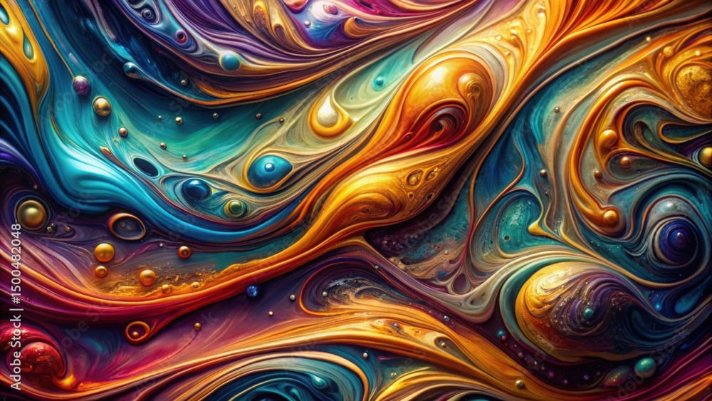 Poster swirling metallic fluid art with vibrant colorful patterns and accents