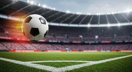 Obraz premium Soccer Ball in Flight Above Green Field Stadium in Background Dramatic Lighting