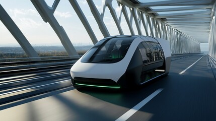 Obraz premium Futuristic autonomous vehicle cruising on a modern bridge structure