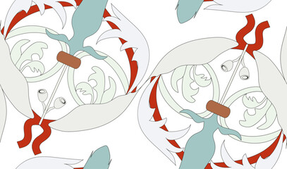 Hand-painted stylized leaves and fruits in a seamless vector pattern reminiscent of Old Russian paintings.
