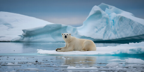 Naklejka premium Polar Bear Resting on Ice Floe in Turquoise Arctic Waters Surrounded by Debris