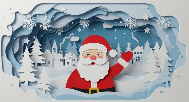 Digital Illustration Of Santa Claus Waving Hand In A Papercut Christmas Scene