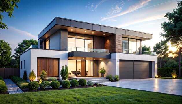 Modern house with sunset, and luxury home.