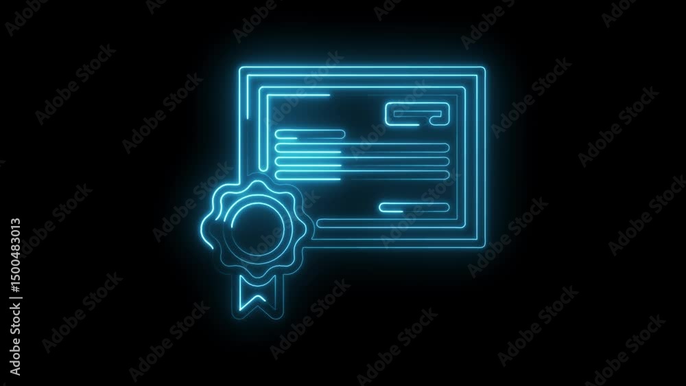 Poster animated glowing neon certificate with seal on black background visual presentation