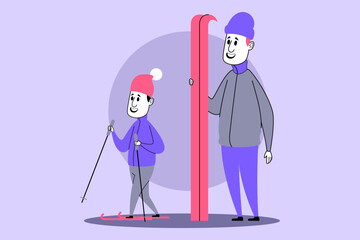 Two skiers enjoying winter sports in snowy landscape. Adult standing with skis, while child practicing skiing techniques nearby, both wearing colorful winter attire