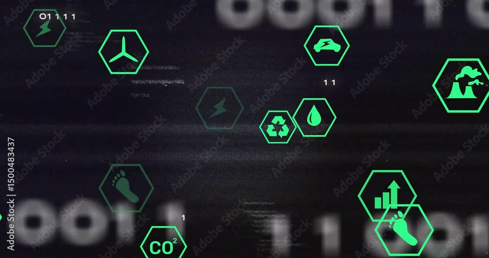Poster code unfurling initiating green hex icons pulsing, clustering, dispersing to represent eco metrics