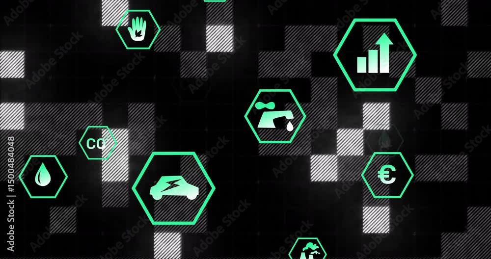 Fototapete cluster of green hexagonal icons emerging over shifting grid, floating, visualizing carbon data