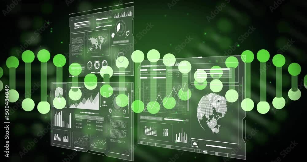 Poster after pause panels tilting revealing data while green-node helix emerging rotating aligning charts