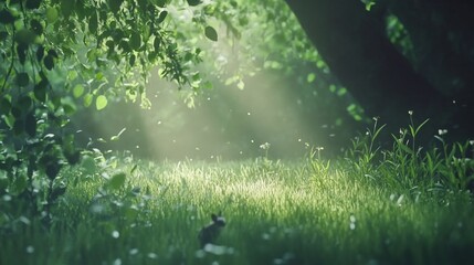 Enchanting Forest Glade with Sunbeams and a Wild Rabbit under the Trees