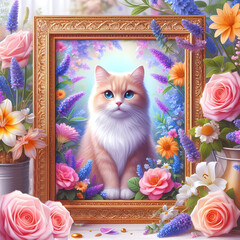 Close - up pictures of cute cat and the beauty of nature. Picture of beautiful trees and shrubs, beautiful leaves and rose flowers. cat (01)