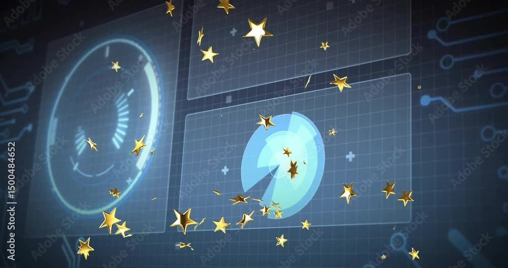 Poster gold stars drifting from right starting pie-chart rotating and gauge pulsing representing data flow