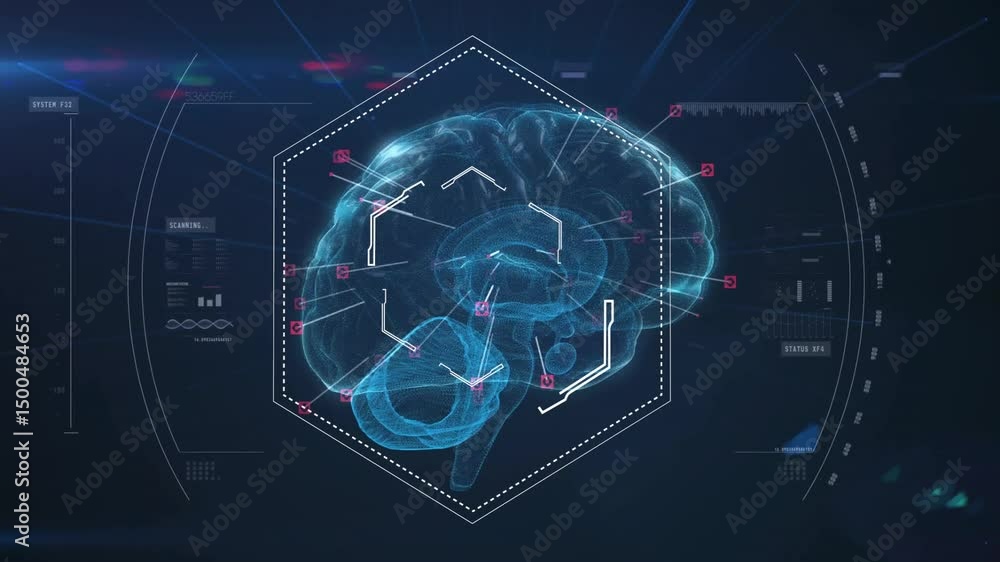 Poster on startup red markers popping across blue holographic brain while rotating scan showing metrics